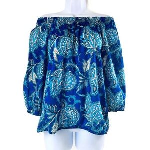 LOFT Blue Floral Boho Smock Blouse Peasant Top Med